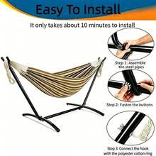 Camping 2-Person Hammock 600LBS, Portable Steel Stand Set For Outdoor Lawn Terrace, Brown Stripe - Brown - View 6