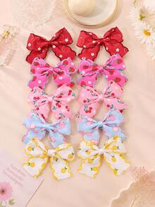 10pcs/Set Fruit Print Bow Hair Clips, Strawberry Cherry Peach Lemon Pattern Ribbon Bows, Cute Children Hair Accessories, Suitable For Daily Wear And Party, Back To School Season - Multicolor - View 1
