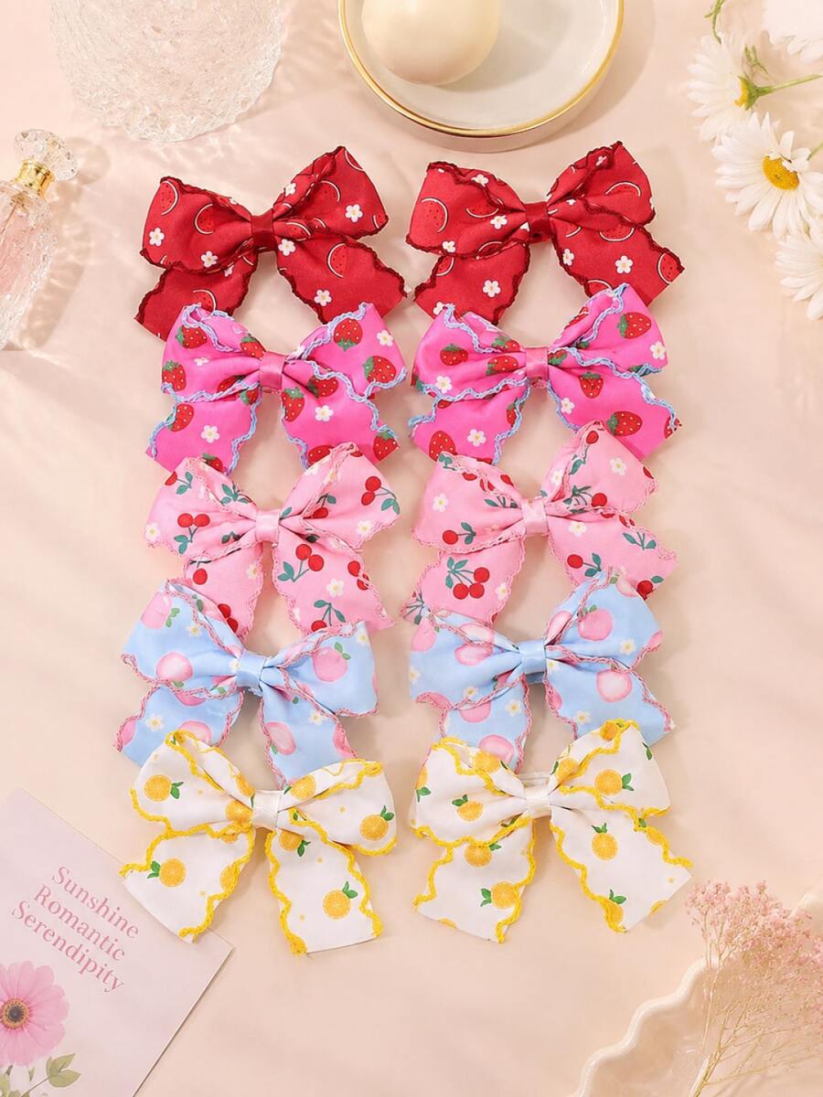 10pcs/Set Fruit Print Bow Hair Clips, Strawberry Cherry Peach Lemon Pattern Ribbon Bows, Cute Children Hair Accessories, Suitable For Daily Wear And Party, Back To School Season - Multicolor - View 1
