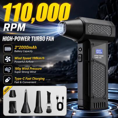 Ventilador turbo inalámbrico de 110000 RPM, soplador y aspiradora de aire eléctrico recargable de 200 W, soplador de aire portátil 2 en 1 con 4 modos de velocidad, ventilador de limpieza de alta potencia para limpieza de automóviles, PC, teclados, garajes y uso en exteriores.