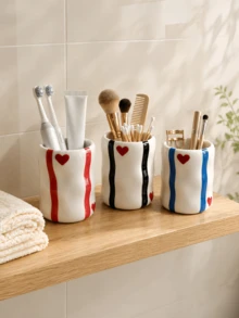 1pc Glossy Wavy Storage Cup, Bathroom Toothbrush Holder, Toothpaste Cup, Makeup Brush Organizer, Modern Vanity Tabletop Decor. Note: If The Product Has An Unusual Odor, Please Place It In A Ventilated Area For 1-3 Days - 1PC - View 8