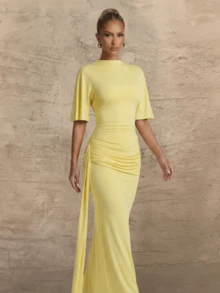 Elegant French Design Fashionable Backless Layered Decor Long Ribbon Dress - Yellow - View 2