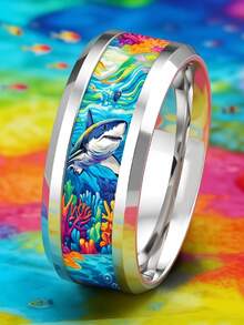 1 PC Fashion Stainless Steel Rings For Men Ocean-Style Great White Shark And Coral Pattern Design Men Rings Jewelry Accessories Everyday Jewelry Gift - Silver - View 4