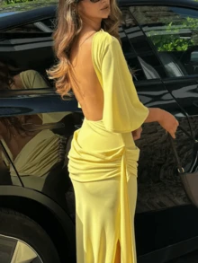 Elegant French Design Fashionable Backless Layered Decor Long Ribbon Dress - Yellow - View 8
