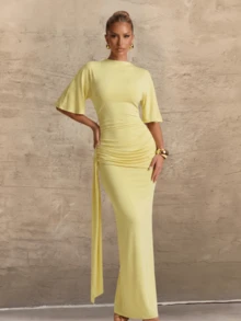 Elegant French Design Fashionable Backless Layered Decor Long Ribbon Dress - Yellow - View 1