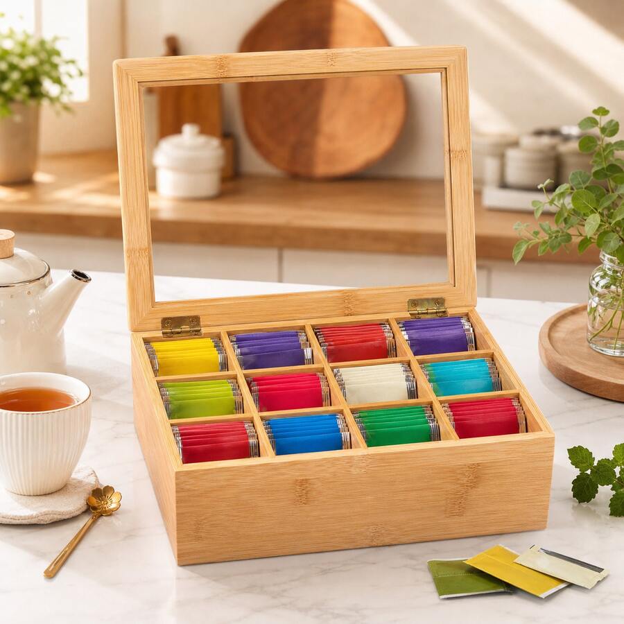 Teebeutel Organizer aus Bambus mit 12 großen Fächern und Sichtfenster, natürliche Teekiste für Küche, Büro, Teebeutel, Kaffeekapseln, Schmuck, Snacks und Bastelzubehör, praktische Aufbewahrungsbox, 28 - Beige - Übersicht 1