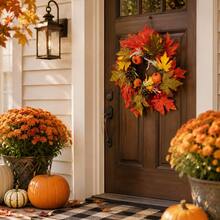 1piece Of 35cm Large Autumn Maple Leaf Decoration Flower Wreath, Small Pumpkin Pine Cone, Red Fruit, Wheat Ear Combination For Landscaping, Can Be Hung At The Front Door Fireplace, Foyer Dining Table, Halloween Harvest Season Home Soft Decoration Pe - Multicolor - View 5