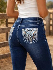 Rhinestone Bootcut Jeans - Atrapasueños oscuro - Ver 1