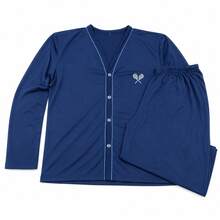 Men's Open Button Pajamas With Long Sleeves And Long Pants For Winter Post-Surgical Use In Knit Fabric - Navy Blue - View 3
