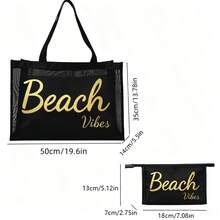 2pcs Black Mesh Makeup Bag Large Beach Storage Bag With Beach Text Print Travel Toiletry Bag Outdoor Summer Vacation Shopping Gift - Black - View 3