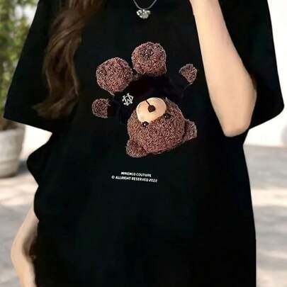 3D Teddy Bear Graphic T-Shirt, Cute Oversized Black Streetwear Tee, Harajuku Aesthetic Hip Hop Top, Korean Style Loose Fit Shirt