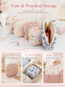 Vintage Ditsy Floral Makeup Bag, Multiple Colors Available, Regular Style, Quilted Diamond Stitching, Cute Print Design Storage Bag, Lightweight Large Capacity, Portable Storage Organizer, Can Store Cosmetics/Sanitary Pads And Other Small Items - Multicolor - View 5