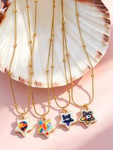 1pc Stainless Steel Chain Star Pendant Necklace, Sun Moon Star Oil Drop Exquisite Pendant Necklace, Flower Pattern Charm, Women's Fashion Jewelry, Vacation Accessory - Multicolor - View 9