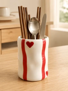 1pc Heart Pattern Utensil Holder, Multi-Use Kitchen Cutlery Organizer, Spoon Fork Chopstick Storage Cup, Cute Tabletop Storage Container For Kitchen & Dining Room - Multicolor - View 3