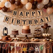 1 Set Western Style Happy Birthday Banner Brown Cowboy Floral Wreath Sign, Suitable For Cowgirl Rodeo Theme Birthday Party Decoration, Wild West Country Party Decor - View 3