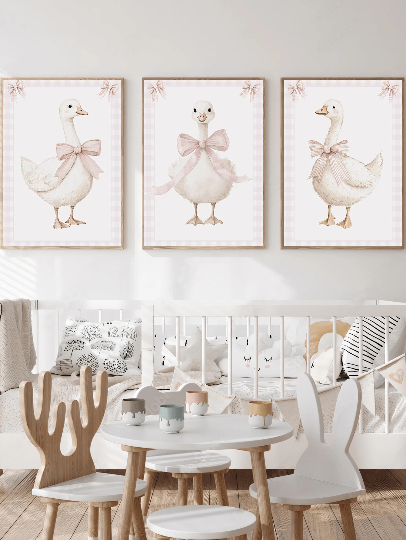 1pc, Canvas Framed Nursery Wall Art Decor, Pink Silly Goose Pattern, Playful Bow Wall Decor, Farm Theme Poster, Modern Art, Children's Bedroom Decor, Girls Room Decor, Playroom Decor Painting, Children's Room Poster, Kindergarten Poster, Children's Gift, Playroom Decor, Baby Gift, Pink Art, Nursery Poster, Waterproof Poster, Birthday Gift, Bathroom Decor, Room Decor - Multicolor - View 1