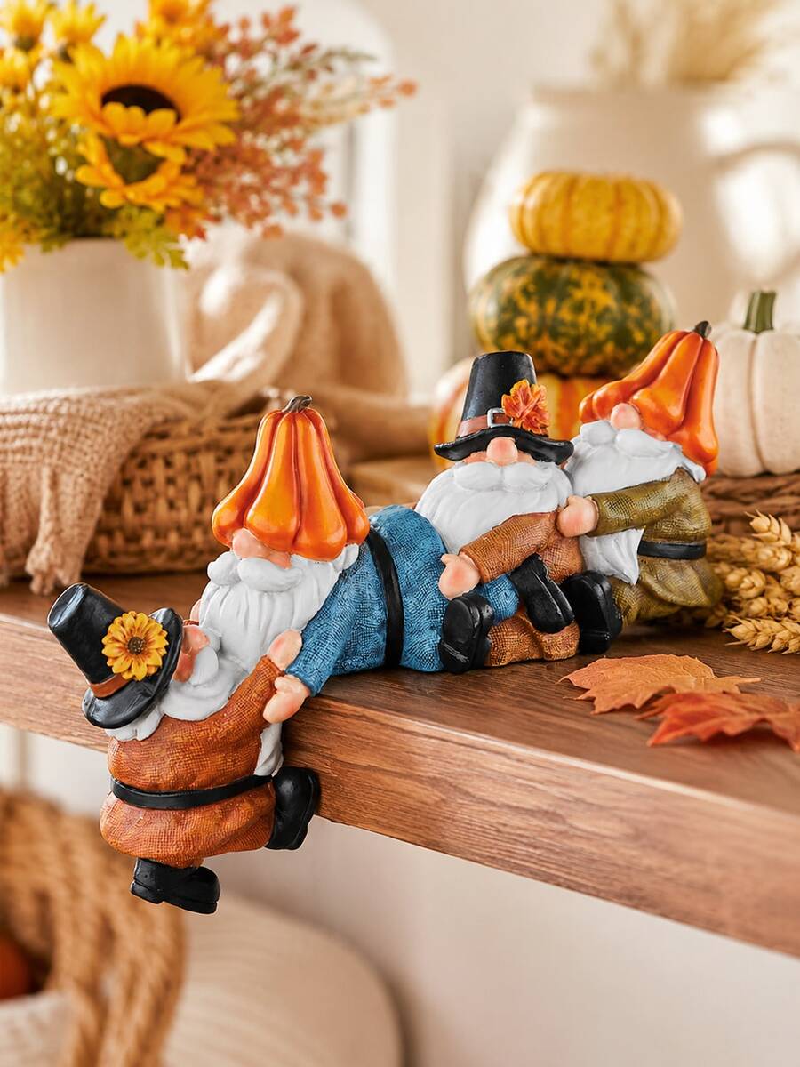 1pc Autumn Harvest Shelf Decor Resin Figurine, Pilgrim Pumpkin Hat Dwarf Tabletop Statue, Thanksgiving Autumn Decoration, Suitable For Cabinets, Mantels And Side Tables, Adding Warm Country Seasonal Home Charm - New Product - View 1