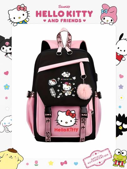 Sanrio Hello Kitty 可愛大容量學生後背包，簡約休閒風，附耳機孔與充電孔