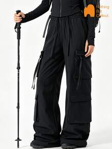 NBCT Women's Spring/Summer Cargo Wide Leg Pants With Elastic Waist And Drawstring, Hiking Commuting Daily Wear, 3 Colors Available, Functional Long Pants - Black - View 1