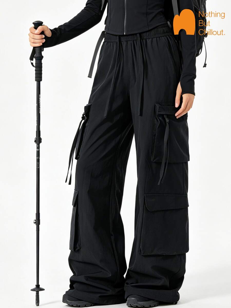 NBCT Women's Spring/Summer Cargo Wide Leg Pants With Elastic Waist And Drawstring, Hiking Commuting Daily Wear, 3 Colors Available, Functional Long Pants - Black - View 1