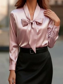 女款優雅通勤蝴蝶結緞面襯衫，長袖，新風格，顯瘦，奢華設計，小眾上衣 - 粉色 - 查看 7