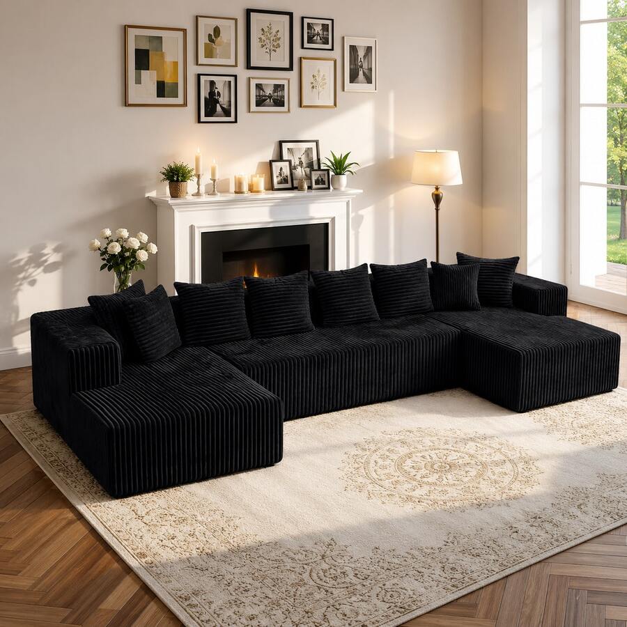 130" Cloud U-Shaped Modular Sectional Sofa, Boneless Corduroy Couch, Deep Seat Sleeper Sofa Bed With Chaise, High Density Foam, 8 Pillows, No Assembly, Oversized Living Room Couch,Black - 黑色 - 查看 1
