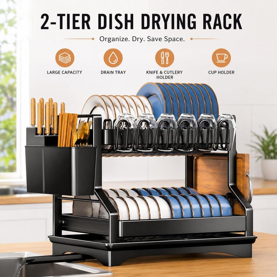 Kệ ráo bát đĩa nhà bếp để bàn, giá lưu trữ bát đĩa và đũa kèm giá để cốc - B - Xem 1