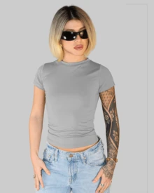 Women's Summer Cropped T-Shirt With Short Sleeves And Round Neck, Slim Fit, Solid Color, Aitona - 淺灰色 - 查看 2