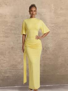 Elegant French Design Fashionable Backless Layered Decor Long Ribbon Dress - Yellow - View 3