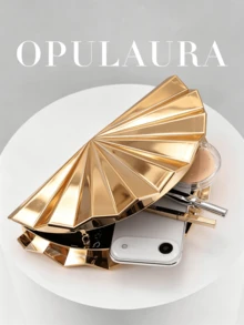 OpulAura 欧美时尚金属光泽扇形设计女士手拿包，几何盒形手提包，磁扣开合，完美适用于派对、婚礼、毕业典礼、晚宴、生日、舞会等场合。 - 金色 - 查看 5