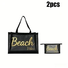 2pcs Black Mesh Makeup Bag Large Beach Storage Bag With Beach Text Print Travel Toiletry Bag Outdoor Summer Vacation Shopping Gift - Black - View 2
