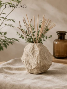 1pc Wabi-Sabi Style Pleated Rock Texture Rattan Aromatherapy Bottle, Dual-Use Reed Diffuser And Dried Flower Vase - Wabi-sabi Minimalist Aromatherapy Bottle - View 1