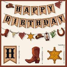 1 Set Western Style Happy Birthday Banner Brown Cowboy Floral Wreath Sign, Suitable For Cowgirl Rodeo Theme Birthday Party Decoration, Wild West Country Party Decor - View 4