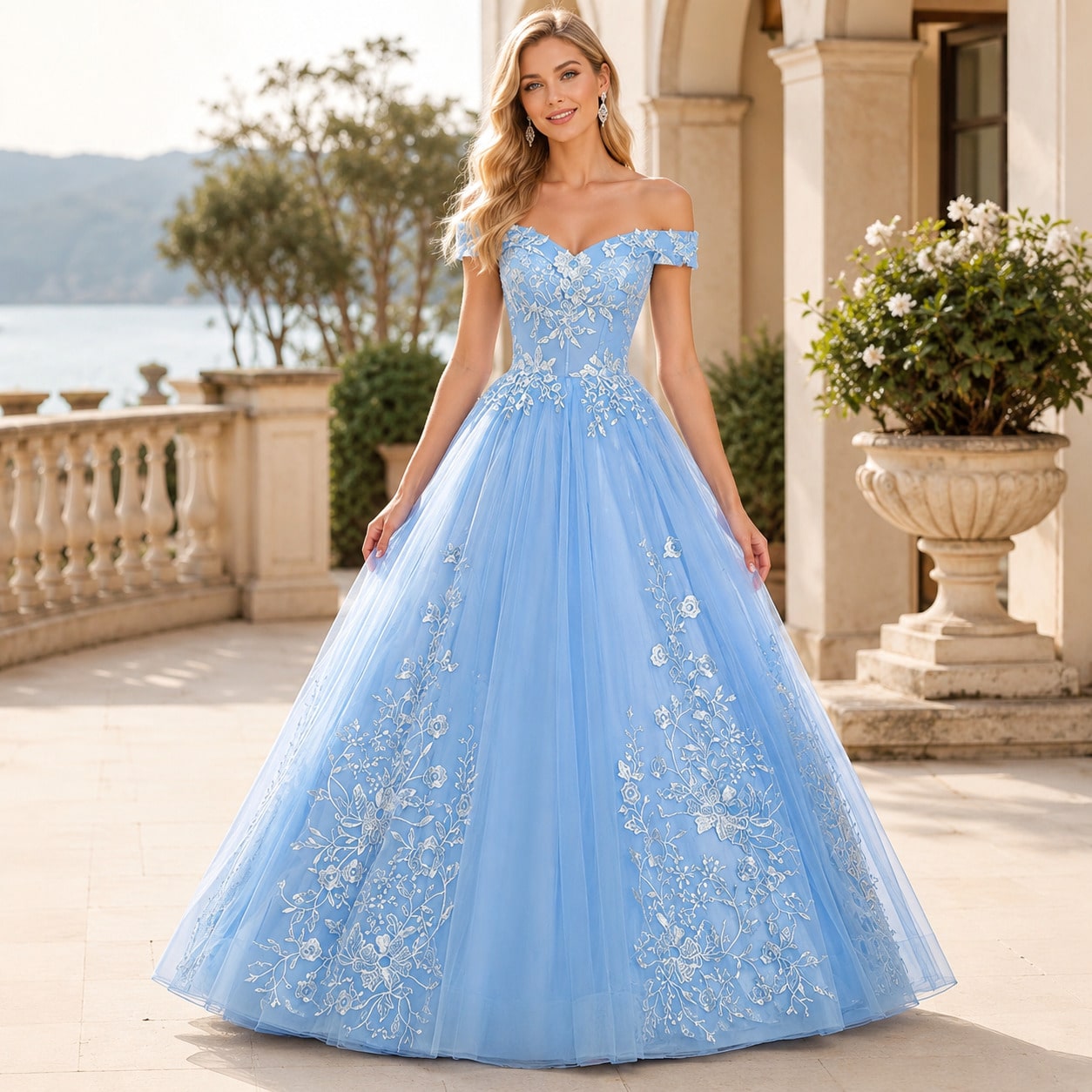 Women's Cocktail Dress, Light Blue Off-Shoulder Embroidered Ball Gown With Puffy Long Princess Skirt For Wedding, Banquet & Prom - image - 4