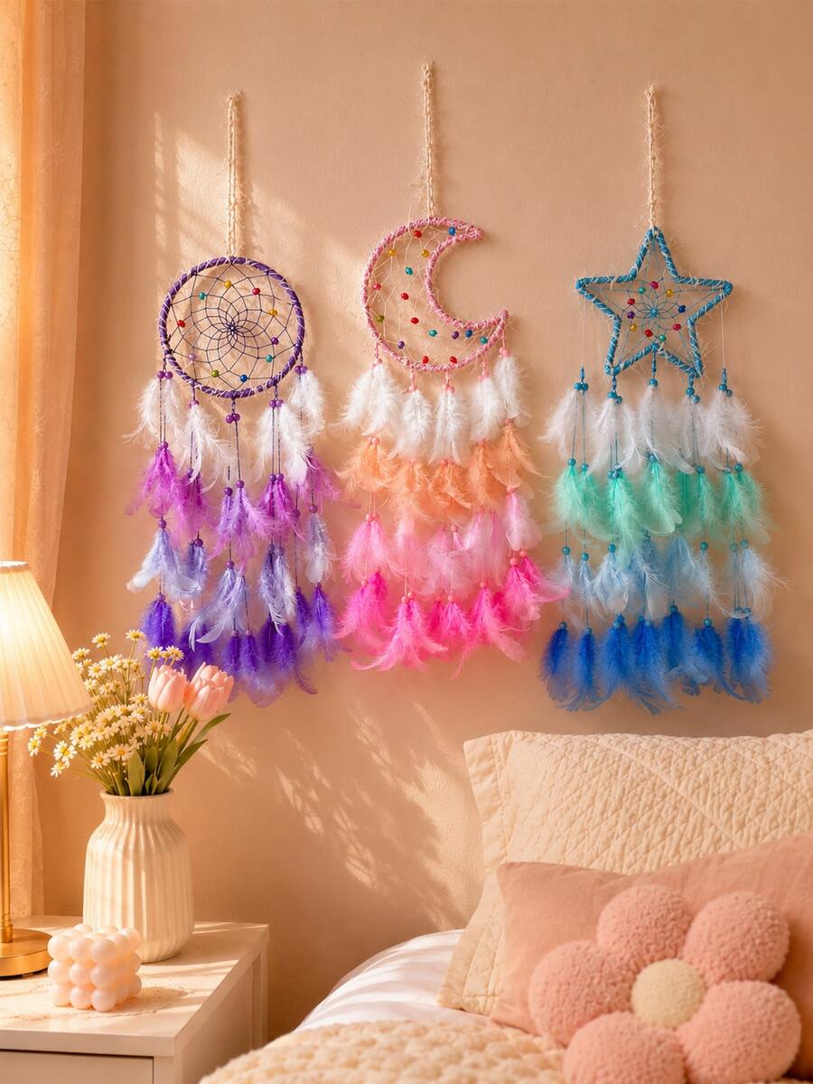 1pc Dreamy Feather Dream Catcher Wall Hanging Decor For Children's Room, Bedroom, Girly Style, Popular Ins Style Chime Wall Ornament