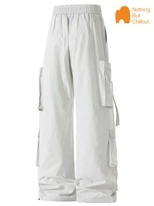 NBCT 女款春夏工裝寬腿長褲，彈性腰頭附抽繩，適合登山、通勤、日常穿著，3色可選功能性長褲 - 淺灰色 - 查看 3