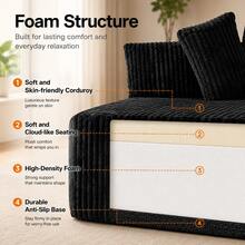 130" Cloud U-Shaped Modular Sectional Sofa, Boneless Corduroy Couch, Deep Seat Sleeper Sofa Bed With Chaise, High Density Foam, 8 Pillows, No Assembly, Oversized Living Room Couch,Black - 黑色 - 查看 2