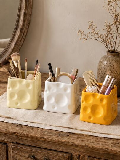 Kawaii Cheese Block Makeup Brush Holder, 3 Colors Yellow Cream White Cosmetic Storage Cup, Cute Bubble Embossed Organizer For Lipstick Eyebrow Pencil, Cream Wabi Sabi Vanity Table Bathroom Decor Gift