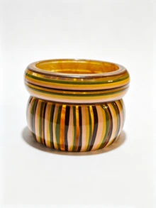 2pcs Color Block Striped Wide Acrylic Bracelets, Sweet Girl Layered Bangle Accessories Suitable For Women's Daily Wear - 2-piece Colorful Bracelet Set - View 5