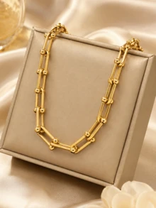 OBOVAY Fashion Casual Round Bead Decor Gold Geometric Chain Necklace, Suitable For Women's Daily Layering Wear - Multicolor - View 10