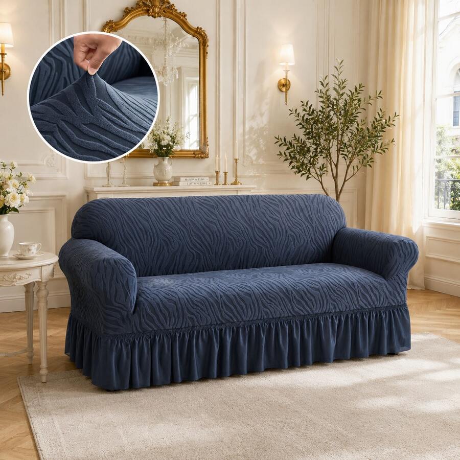 1pc Blue-Gray Plush Jacquard Ruffled Elastic Sofa Cover, Dust-Proof And Dirt-Resistant, Stretch Full Coverage Sofa Protector, Home Decor, Machine Washable, Pillow Cover Not Included - Teal Blue - View 1