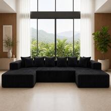 130" Cloud U-Shaped Modular Sectional Sofa, Boneless Corduroy Couch, Deep Seat Sleeper Sofa Bed With Chaise, High Density Foam, 8 Pillows, No Assembly, Oversized Living Room Couch,Black - 黑色 - 查看 10
