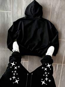 Men's Autumn Street Fashion Star Pattern Long Sleeve Drawstring Hoodie And Sweatpants Casual Loose Fit Set - Black - View 2