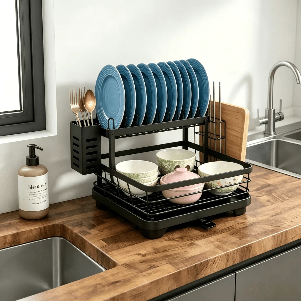 Two-Tier Multifunctional Kitchen Sink Dish Drying Storage Organizer System, Stainless Steel Dish Rack With Drain Tray, Independent Storage Zones For Plates, Cutlery, Knives And Cutting Boards, Space-Saving Large Capacity Kitchen Organizer - Black - View 1
