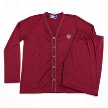 Men's Open Button Pajamas With Long Sleeves And Long Pants For Winter Post-Surgical Use In Knit Fabric - Burgundy - View 4