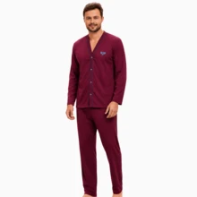 Men's Open Button Pajamas With Long Sleeves And Long Pants For Winter Post-Surgical Use In Knit Fabric - Burgundy - View 1