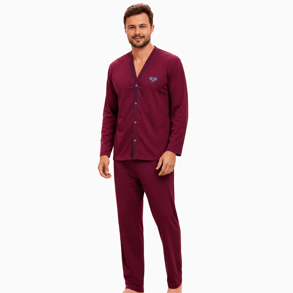 Men's Open Button Pajamas With Long Sleeves And Long Pants For Winter Post-Surgical Use In Knit Fabric - Burgundy - View 1