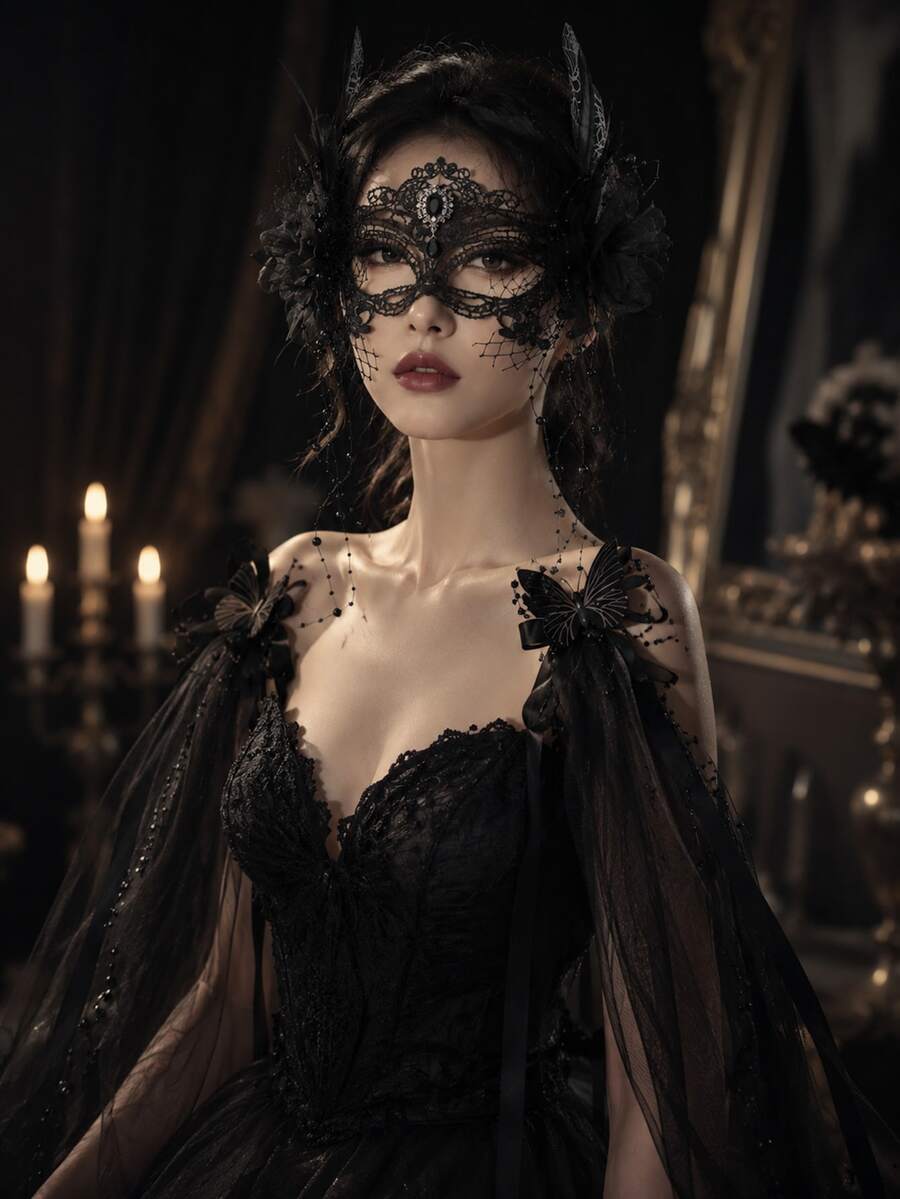 1 pièce Masque de mascarade gothique vintage en dentelle noire, décoré de détails de toile d'araignée et de plumes, convient pour une fête d'Halloween - Noir - Voir 1