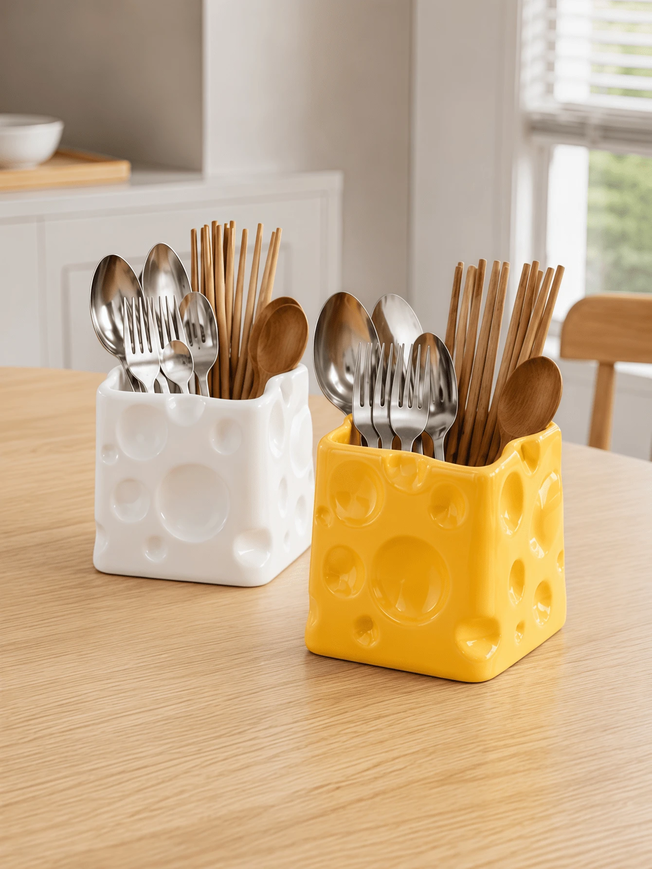 1pc Cheese-Shaped Utensil Holder, Multi-Use Kitchen Cutlery Organizer, Spoon Fork Chopstick Storage Box, Countertop Tableware Holder For Kitchen & Dining Room Decor - Multicolor - View 1