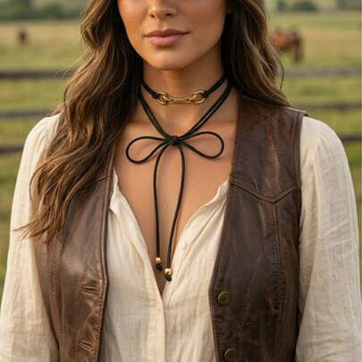 Colar Country Boiadeira Choker Camurça Pingente Folheado Feminino Gravatinha Rodeio Sertanejo, Colar Longo de Courinho Estilo Cowgirl Preto e Marrom Para Mulheres